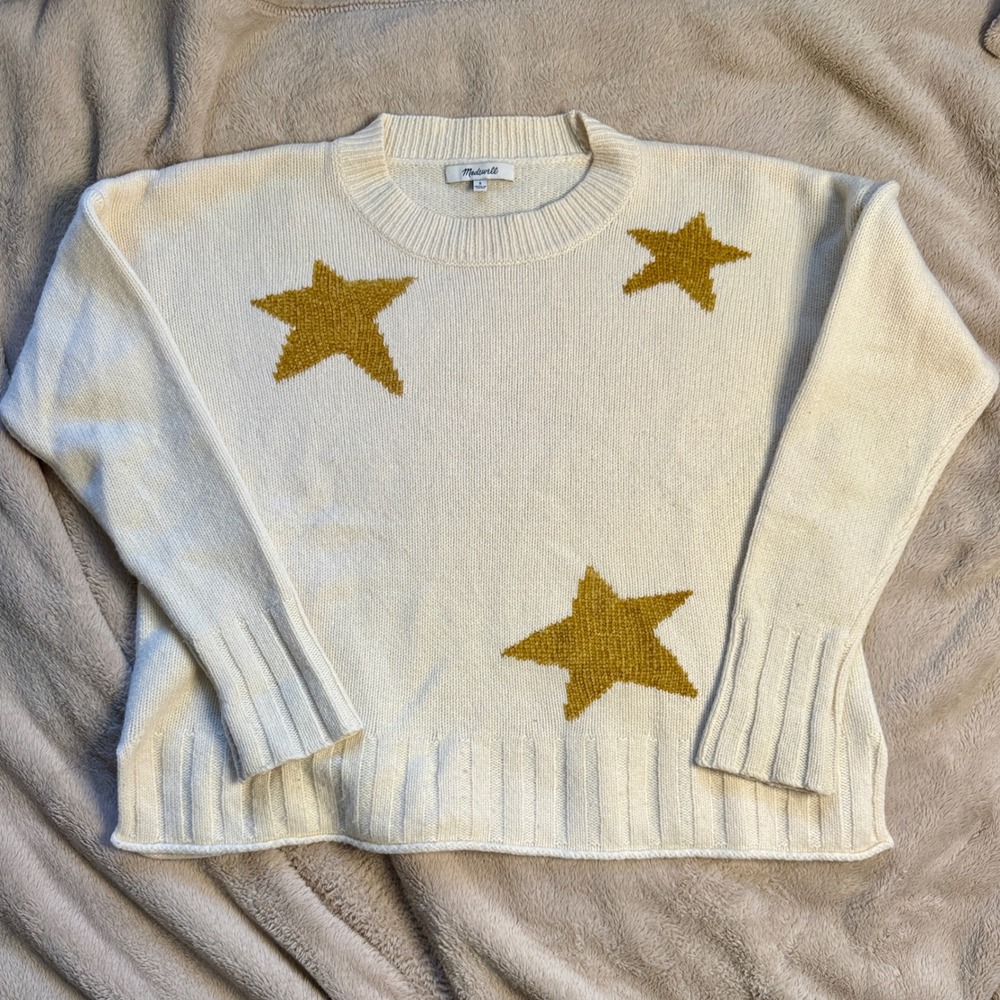 Madewell Star Pullover Sweater Womens S Cream Gold Chenille Patch‎ Knit